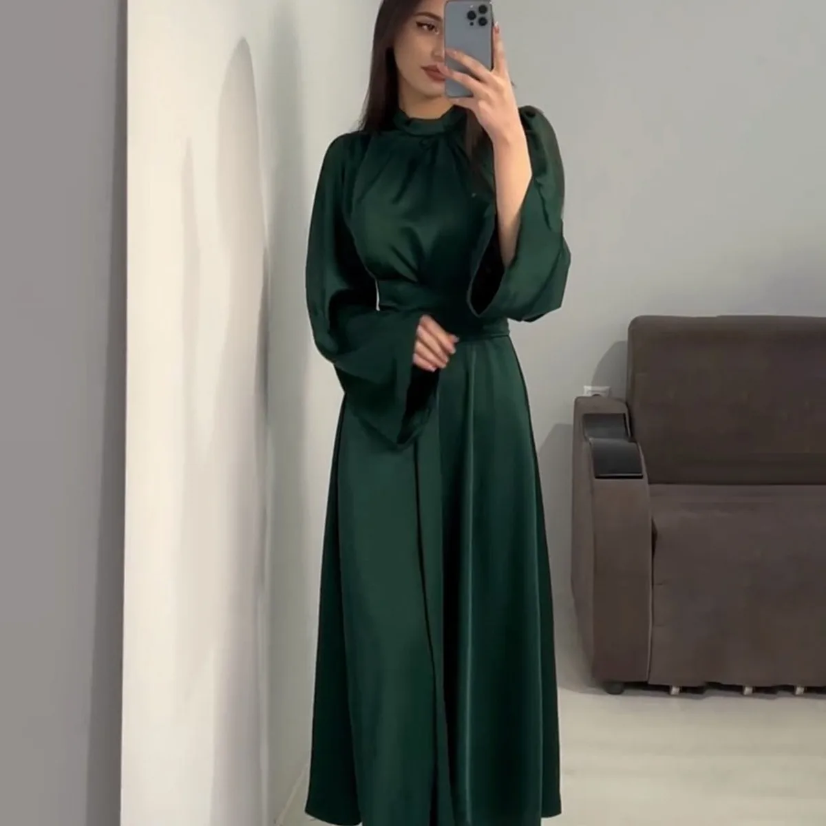 

2026 Spring New Style Slim-fit Tie-waist Solid Color Long-sleeve Long Dress With Design For Women Dubai Luxury Islam Elegant