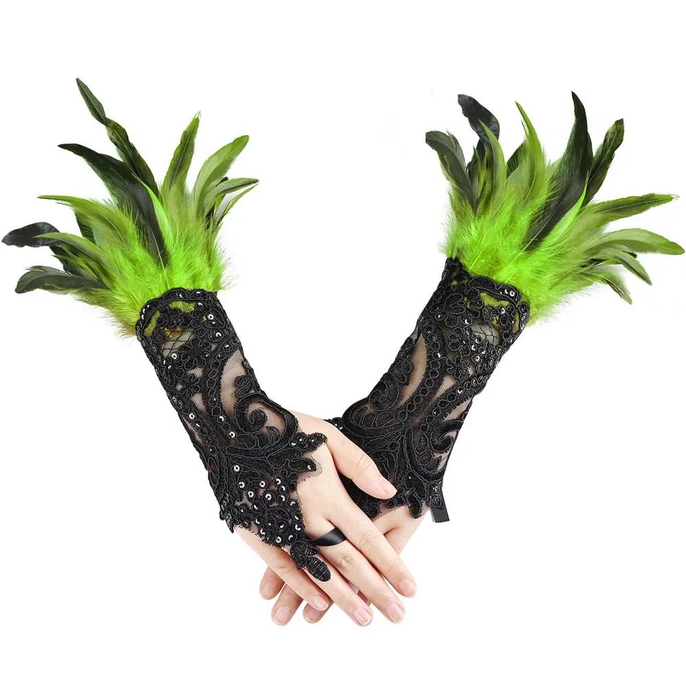 Retro Halloween Feder Handschuhe Gothic Stickerei Pailletten Feder Spitze Handschuhe Manschetten Armband Frauen Halloween Arm Ärmel Ball