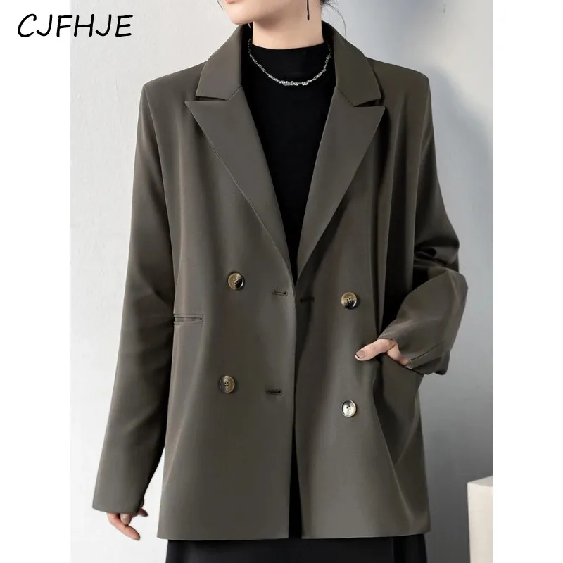 CJFHJE Senior Grey Suit Jacket Women New Chic Casual Temperament Suit Tops Nothced Collar Long Sleeve Jacket Coat Office Ladies