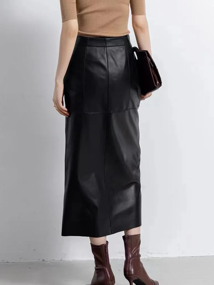 2025 Spring New Genuine Leather Skirt For Women Stylish Streetwear High Waist Slit 85cm Long Jupe Khaki/Black Wrap Saia Longa