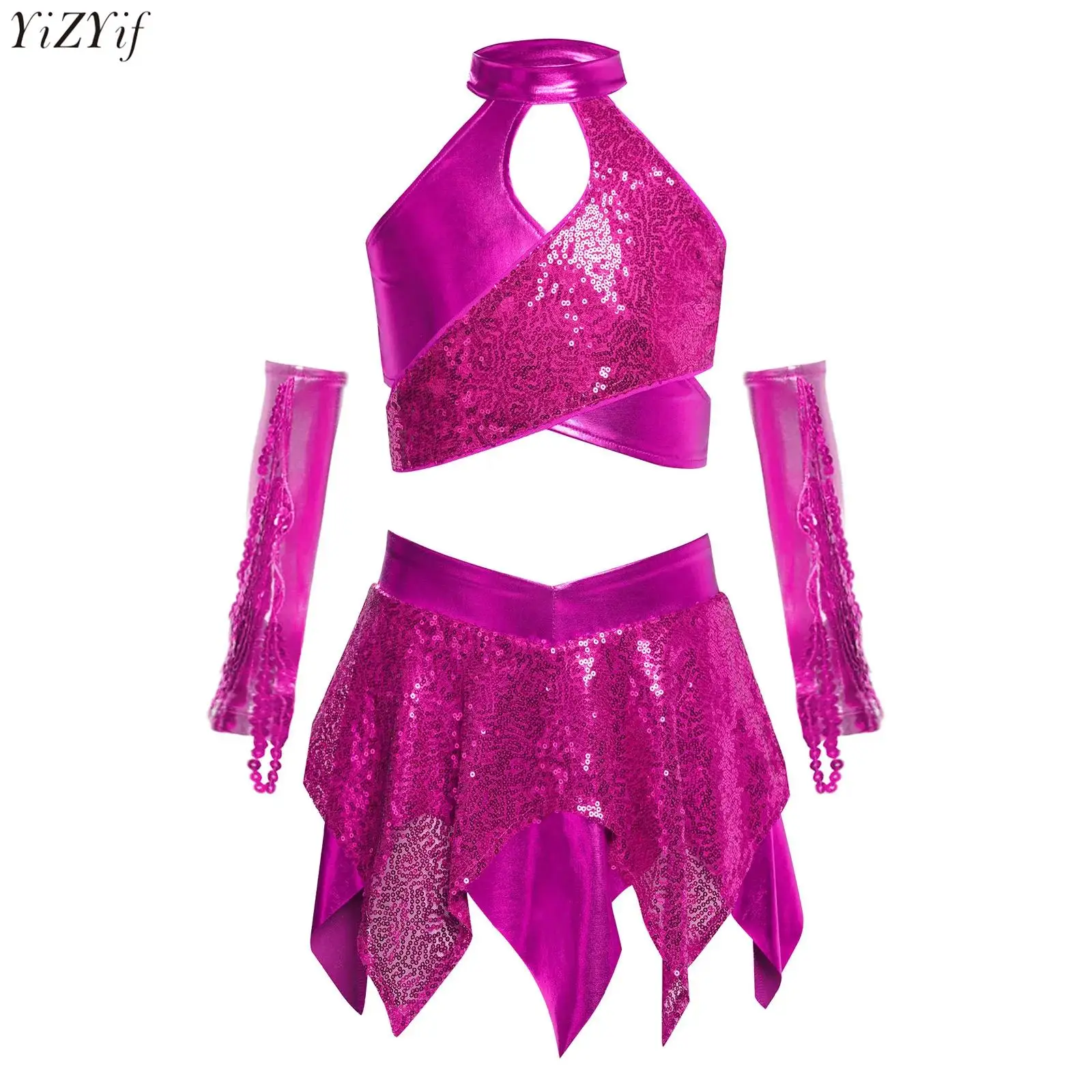 

Girls Modern Ballet Street Hip Hop Jazz Dance Costume Shiny Performance Dancewear 3 Piece Sleeveless Vest and Mini Skater Skirt