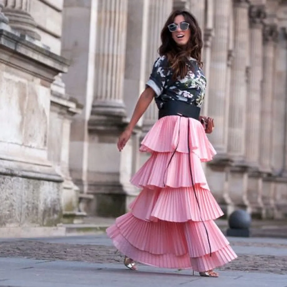 

Pink Draped Skirts Long Custom Made Maxi Skirt For Women 5 Layers faldas para mujeres 2026 Office Lady Party Skirts