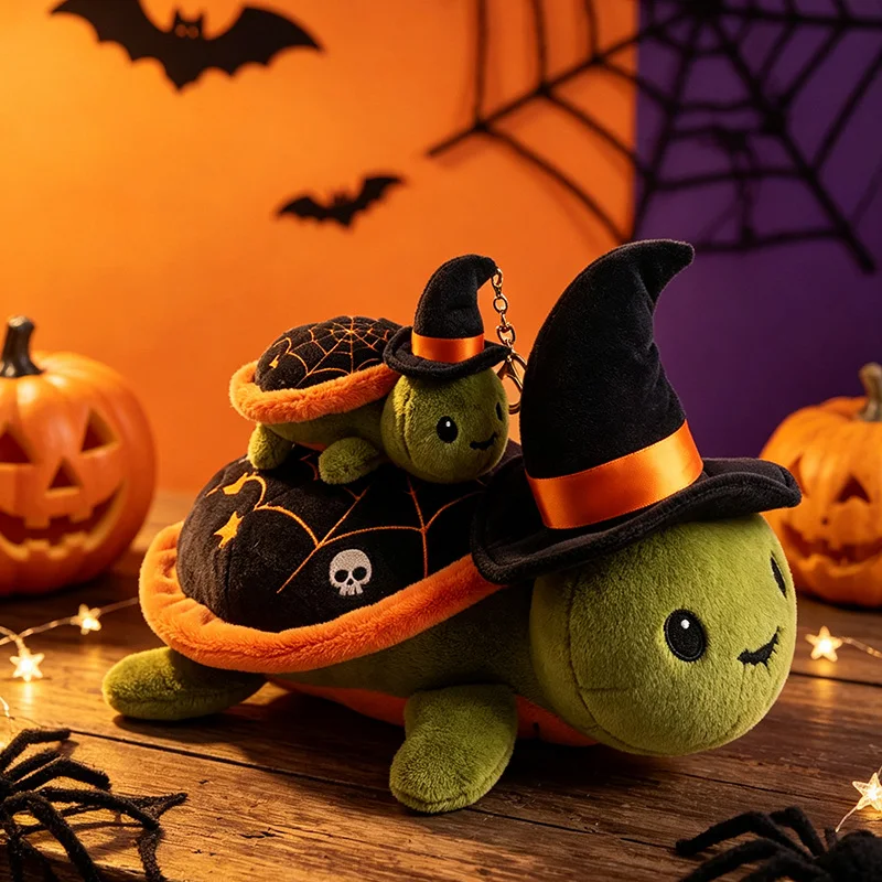 Witch Hat Green Turtle Stuffed Plush Toy Spider Web Pattern Tortoise Shell Cute Animal Doll Halloween Indoor Desktop Ornament