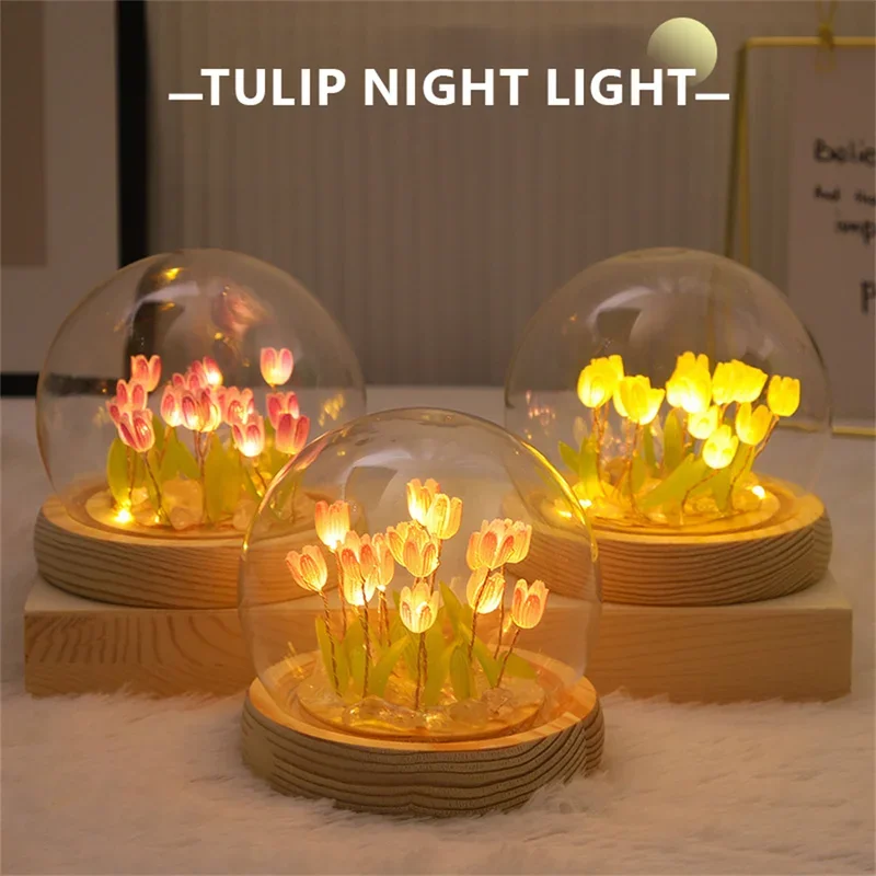 Artificial Tulip Flower Night Light Handmade DIY Bedside Lamp LED Night Lamp Bedroom Decor Christmas Birthday Gifts Table Lamp