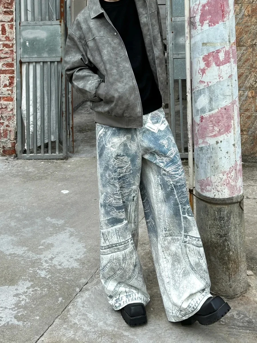 

Retro American Keychain 3D Printed High Street Loose Men's Jeans Knife Wide Leg Pants Versatile Floor-Length Trousers