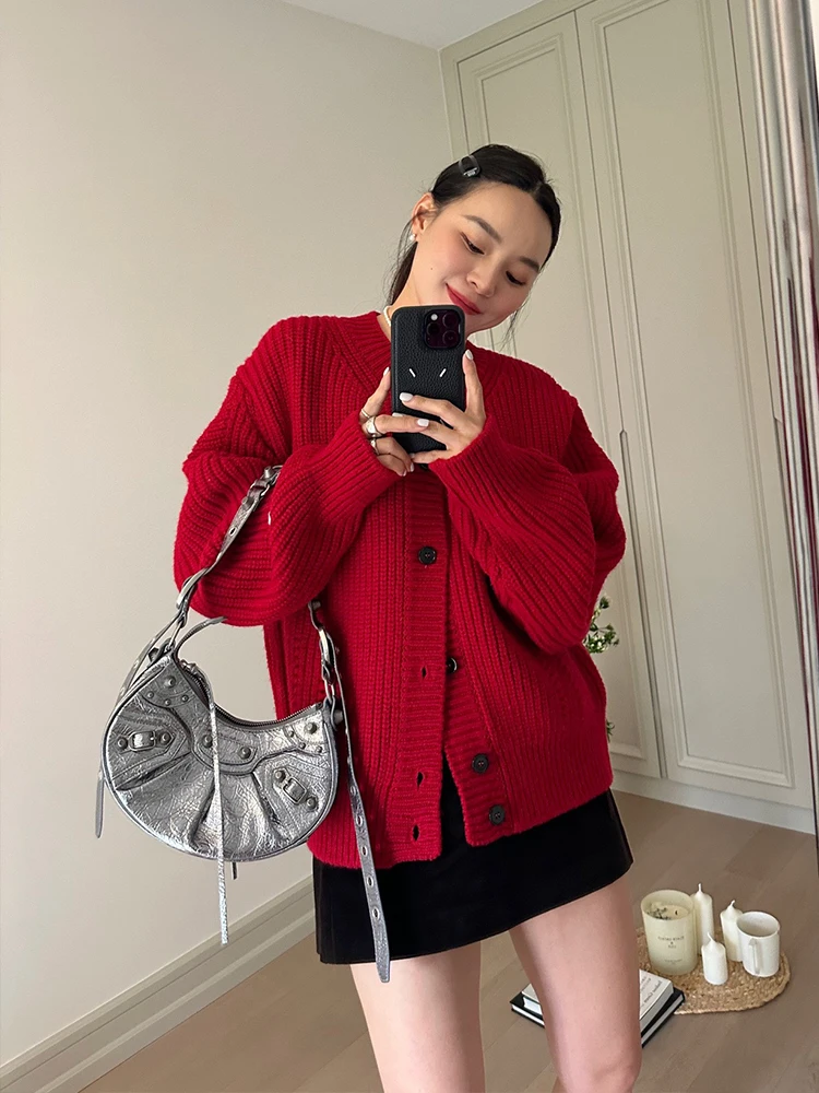 

Festive Knitted Open Cardigan Women's Loose round Ne Sweater Autumn Winter New Arrival Simple Sle Long Sve Button up