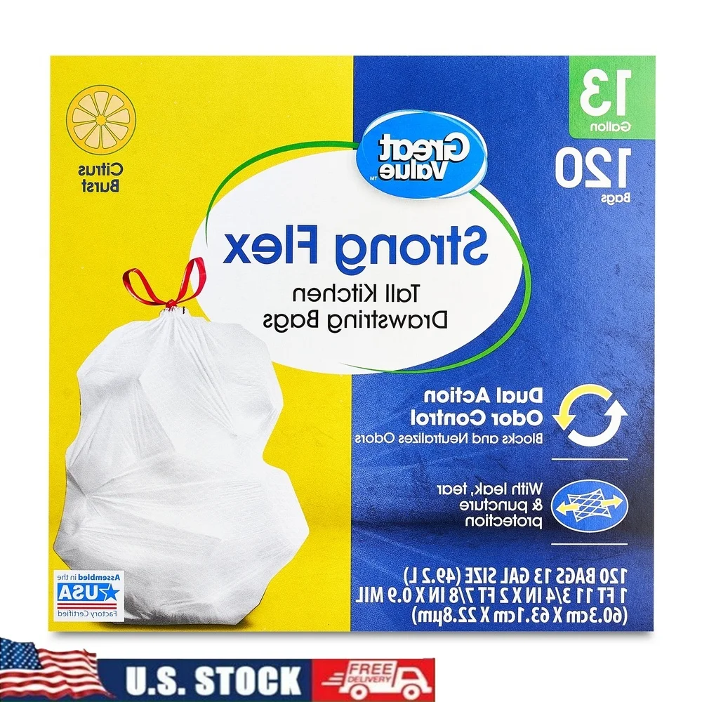 

Strong Flex кухонные мешки для мусора на шнурке, 13 галлонов, 120 шт., аромат цитрусовых, контроль запаха, устойчивая к проколам корзина для мусора