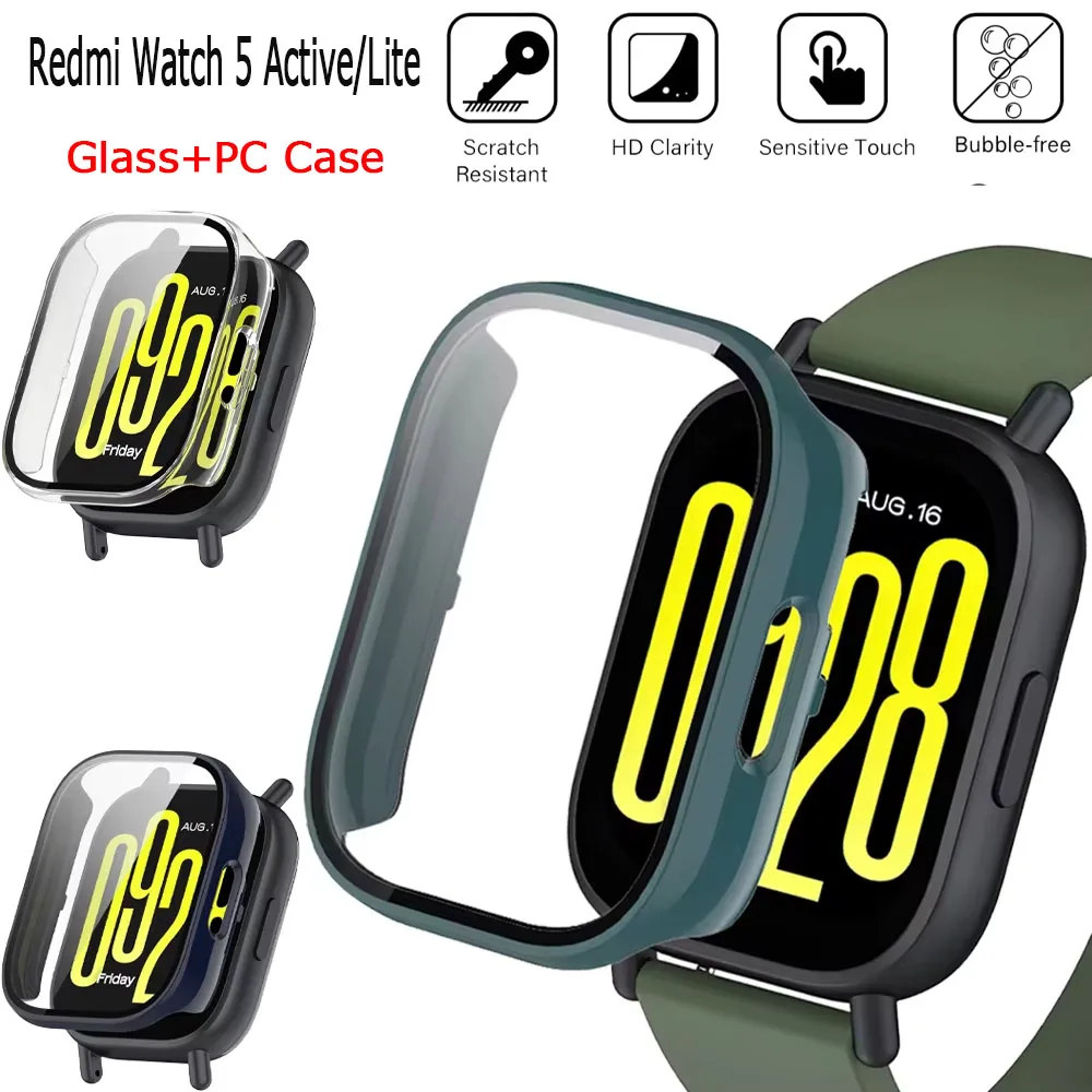 Case for Redmi Watch 5 Active/Lite Tempered Glass Screen Protector&Hard PC Protective Bumper for Redmi Watch 5 Cover Accessories