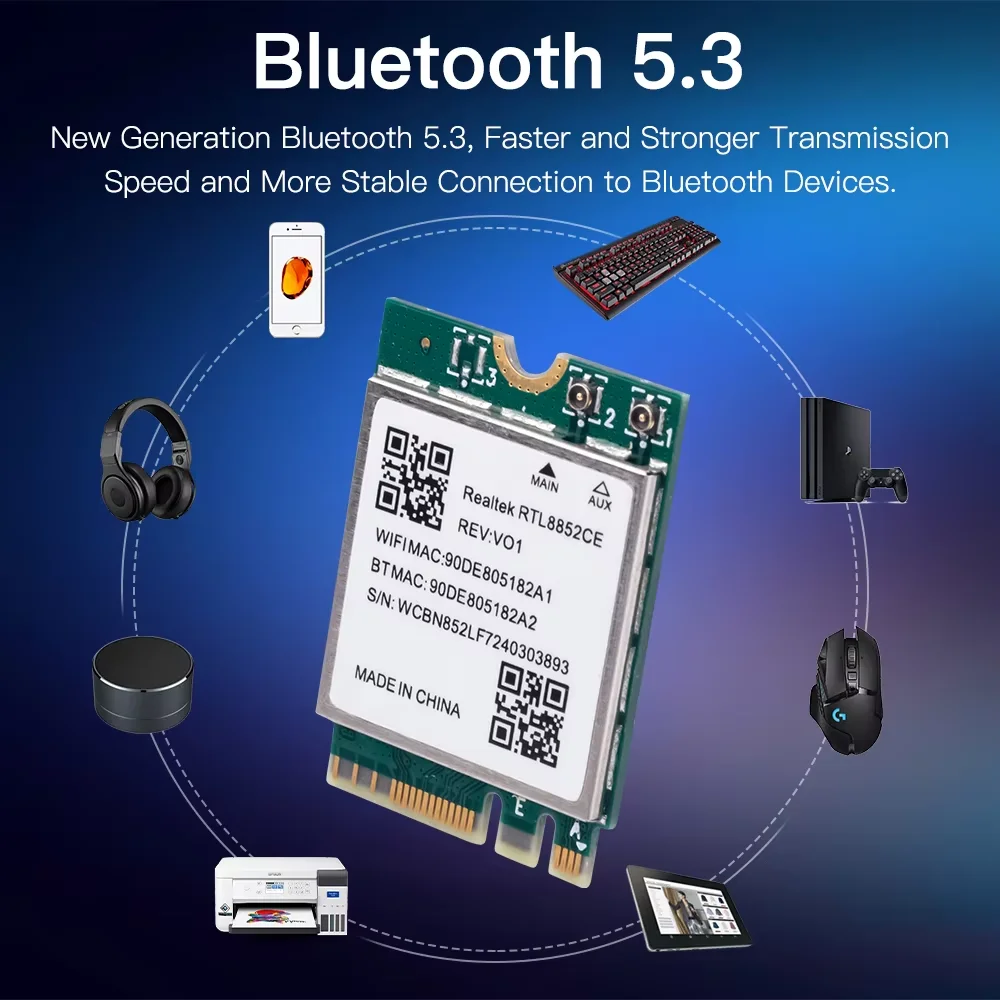 WiFi 6E RTL8852CE M.2 NGFF محول لاسلكي بلوتوث 5.3 5374Mbps 2.4G/5G/6 جيجا هرتز 802.11AX لسطح المكتب/الكمبيوتر المحمول لـ Win10/11