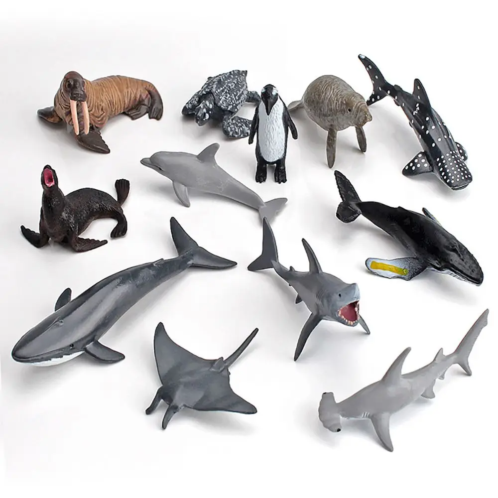 12PCS/Set Gift Dolphin Seal  Cognition Ocean Fish Figurines Whale Shark Marine Animal Model Penguin Turtle