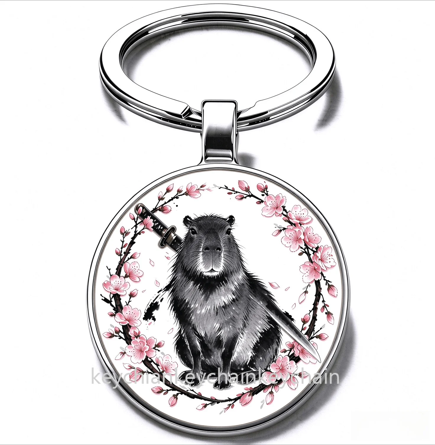 Japanese Cute capybara Cherry Blossom Katana Keychain Samurai Sword Sakura Wreath Key Ring Car Bag Pendant Men Gift
