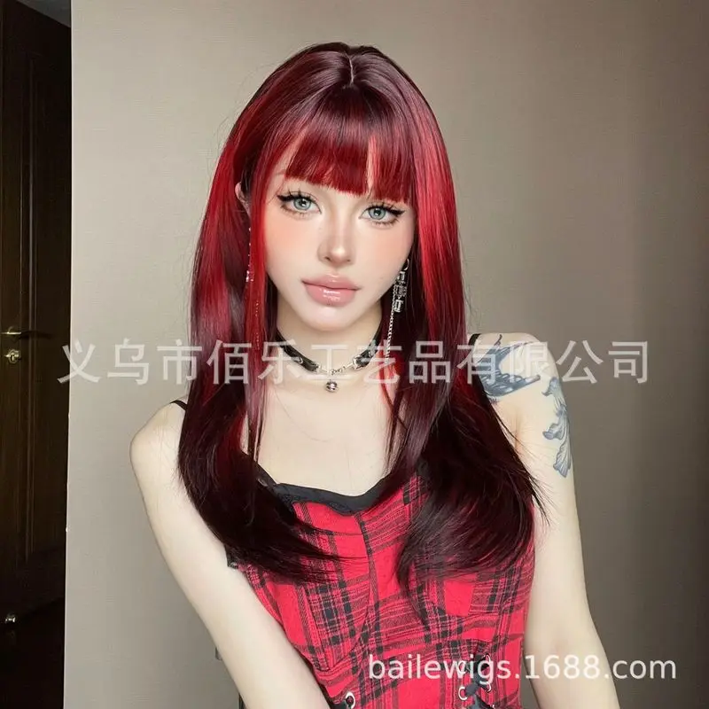 European and American red gradient wig with bangs, long straight hair, layered look, full head synthetic wig