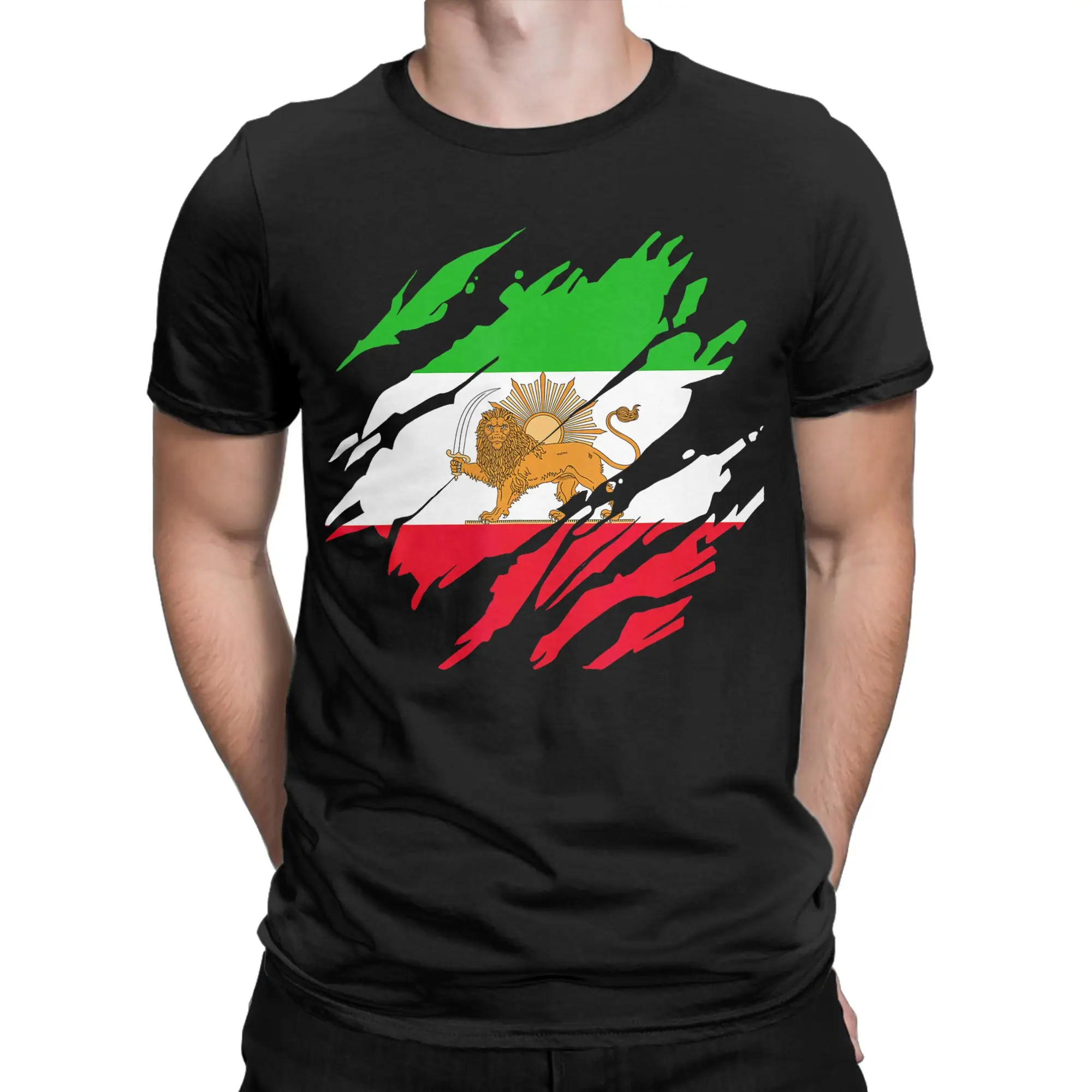 Iran Persian Flag with Lion Sun and Crown T-Shirt for Men Crew Neck Pure Cotton T Shirt  Short Sleeve Tees Party Clothing