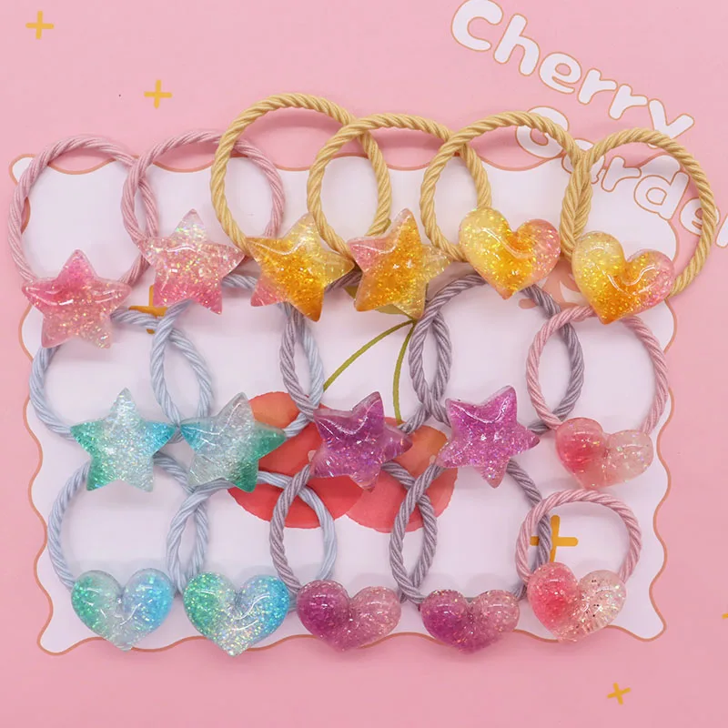 2Pcs/Set Gradient Color Star Love Shape Resin Hair Ties Children's Rubber Bands Baby Hair Accessories Kid Headband Scrunchies