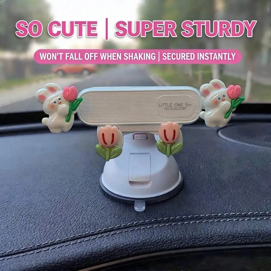 

Cute Bunny Flower Car Phone Holder With Suction Cup Dashboard Mount