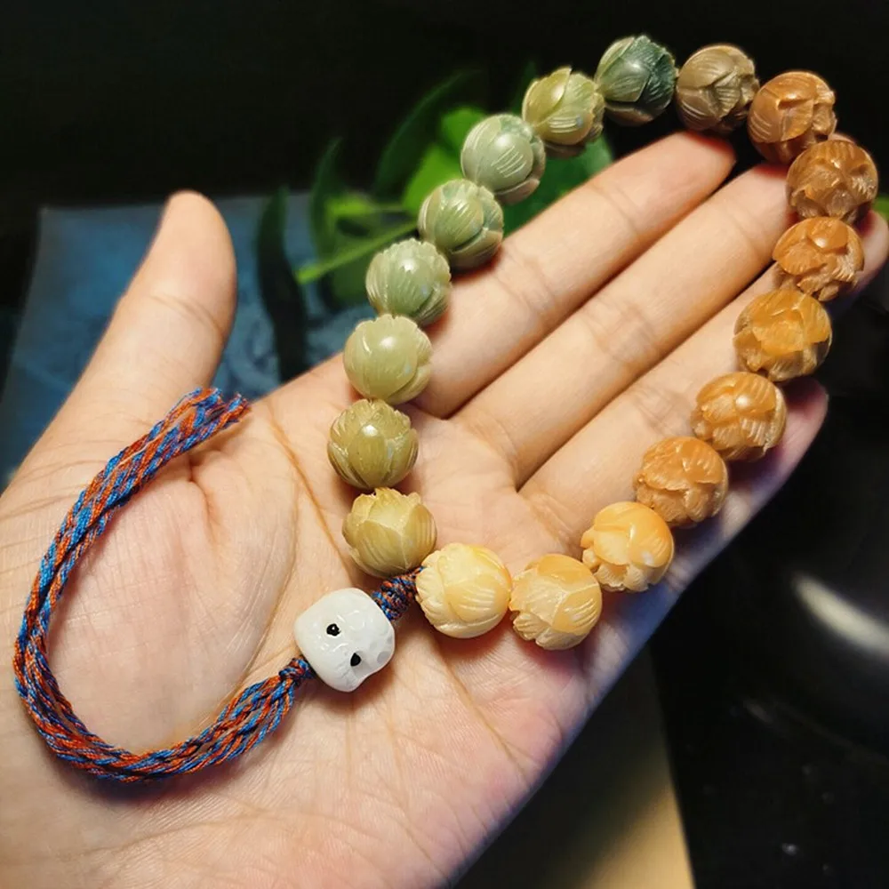 Rainbow Gradient Bodhi Seed Tibetan Buddhist Bracelet Prayer Beads Carve Lotus Bracelet & Bangles Rosary Women Men Wood Jewelry