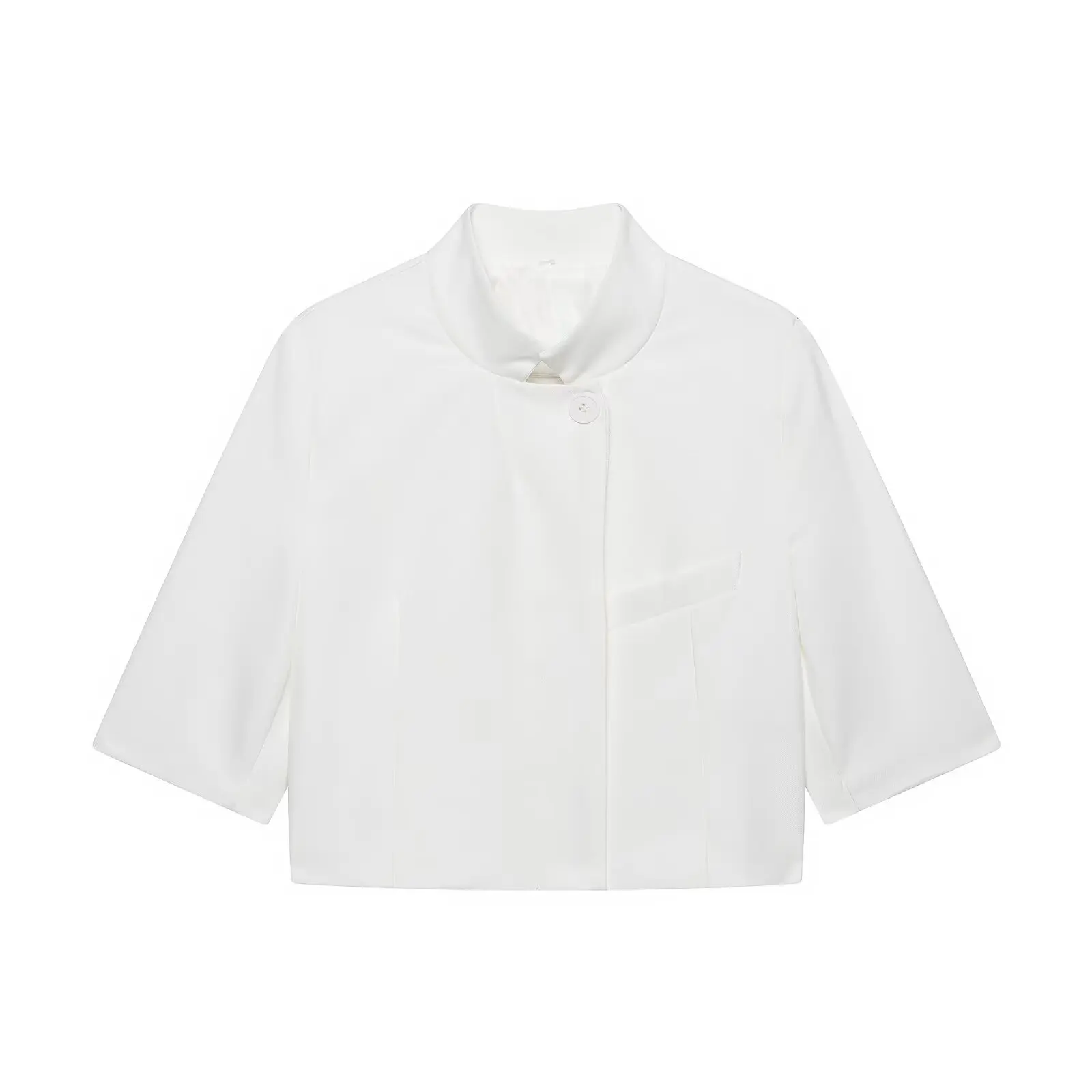 HH Damen Minimalistischer Stehkragen Crop-Blazer Halber Ärmel Asymmetrische Knopfleiste Kurze Jacke Frühling Sommer Business Casual Wear – Detail 2