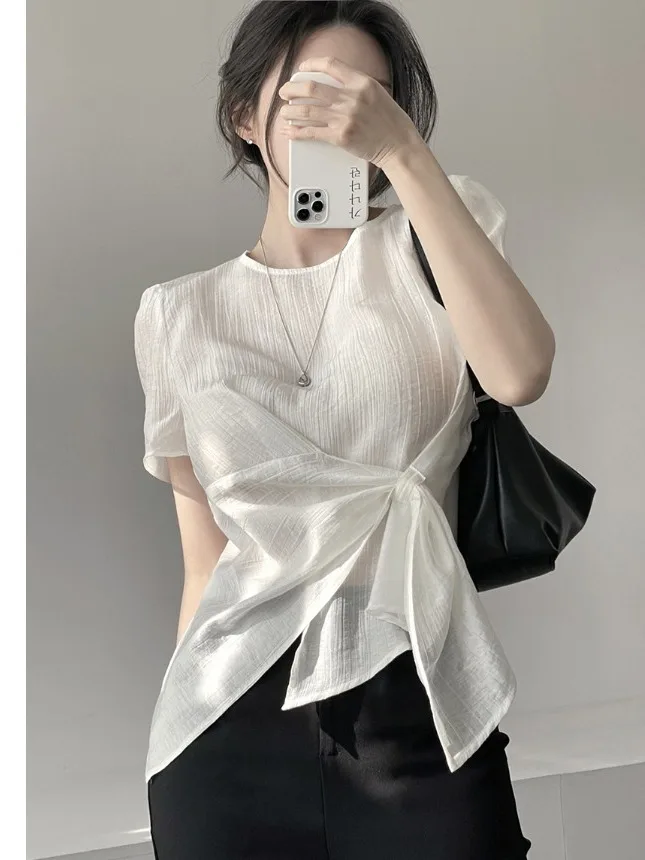 Elegant Korean Style Women's Shirt Asymmetric Design Semi-Transparent Fabric Waist-Cinching Fashionable Top