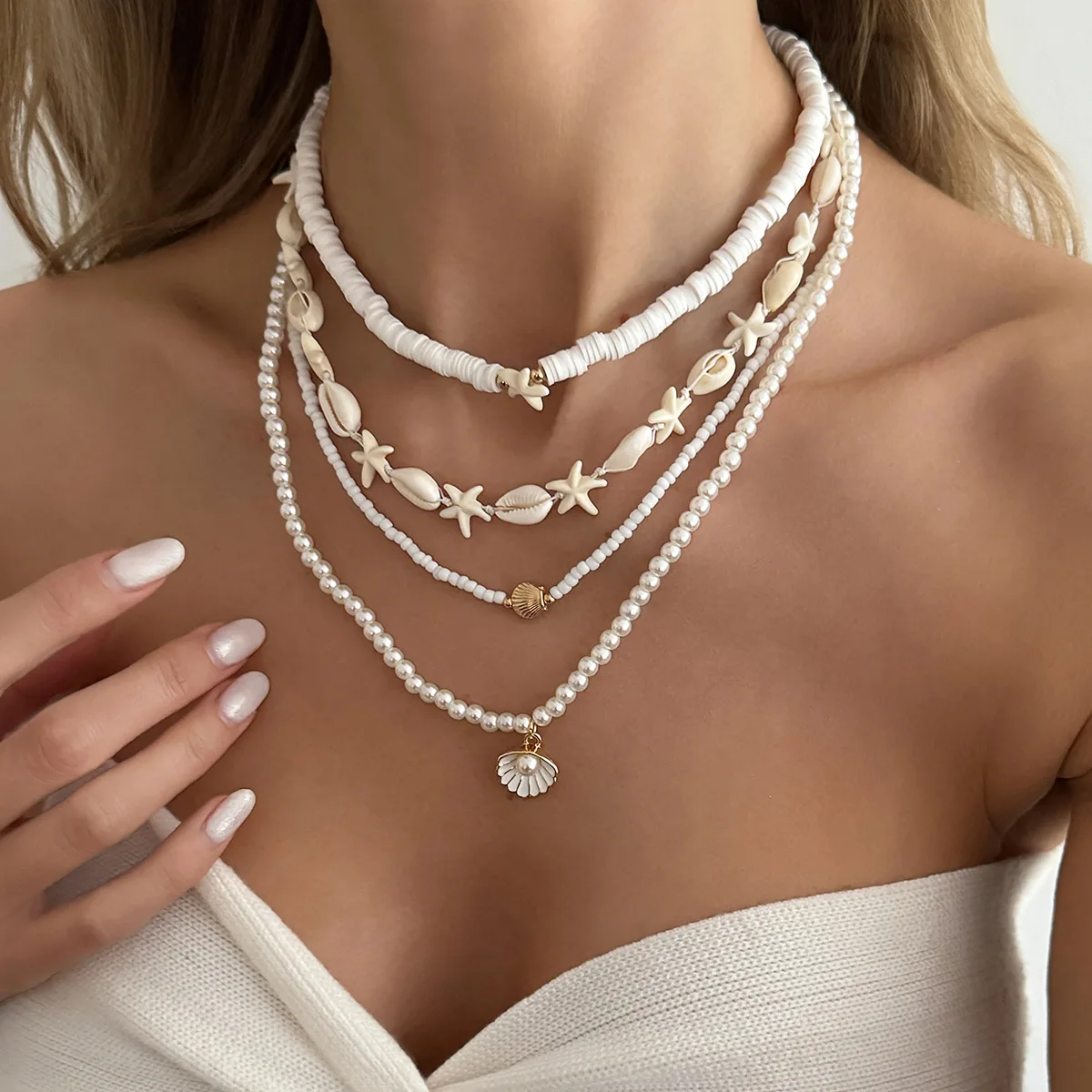 Title (128 chars max):​  Ocean - Style Mermaid Tail Conch Pearl Pendant Necklace – Multi - Layer Shell Beaded Choker for Women