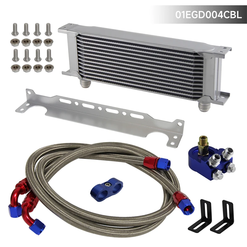 

13 Row AN10 7/8"-14 UNF Universal Engine Transmission Oil Cooler w/Bracket + Oil Filter Adapter Kit Blue/Black