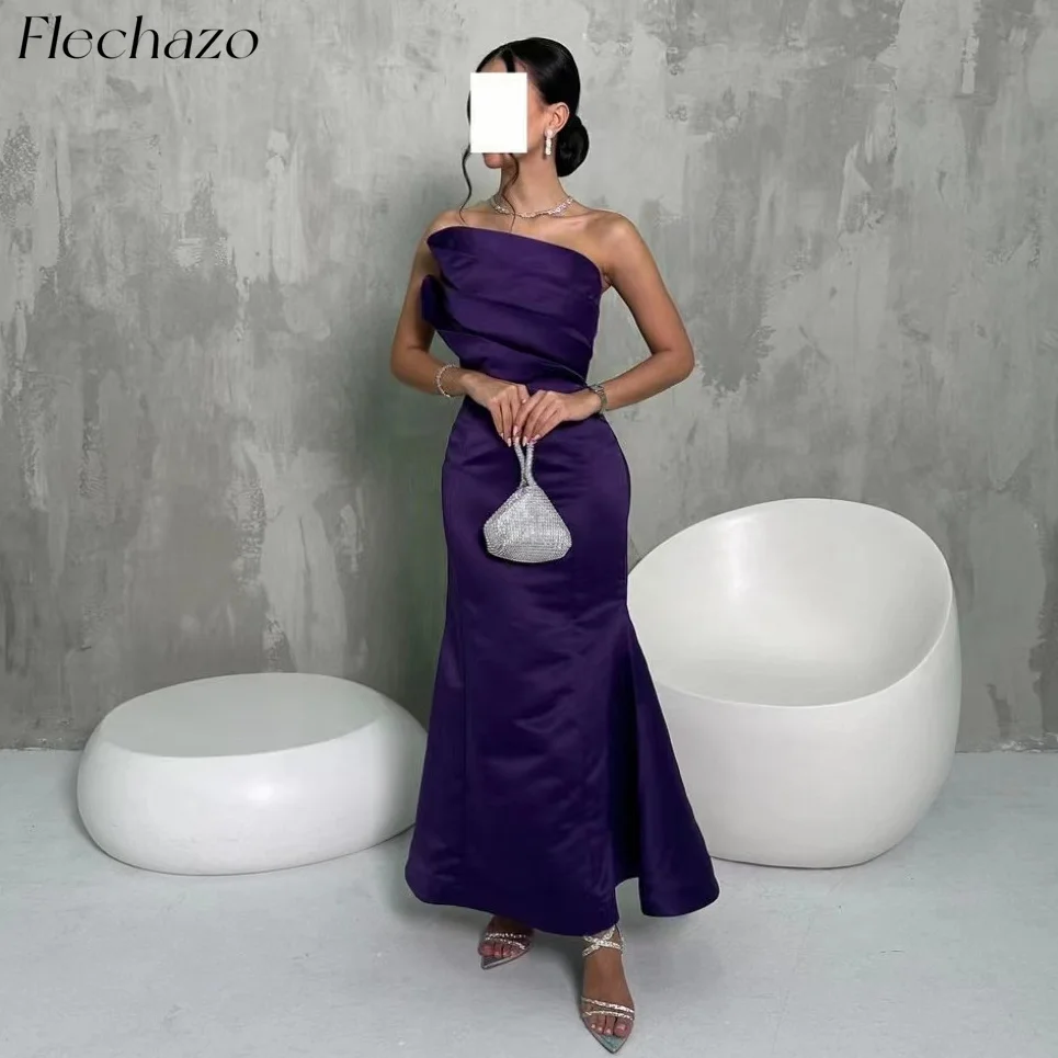 

Flechazo Purple Satin Evening Dresses Strapless Pleated Ankle-Length Mermaid Formal Occasion Dress For Women 2024 فساتين السهرة