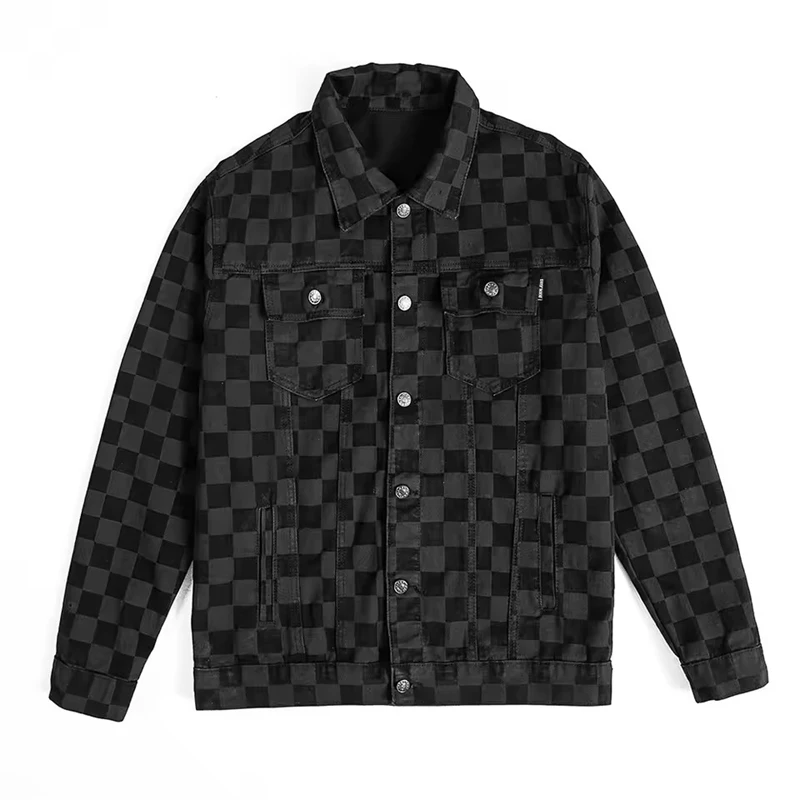 Men Check Print Denim Jacket Casual Loose Plaid Jean Coat Black Long Sleeve Outerwear