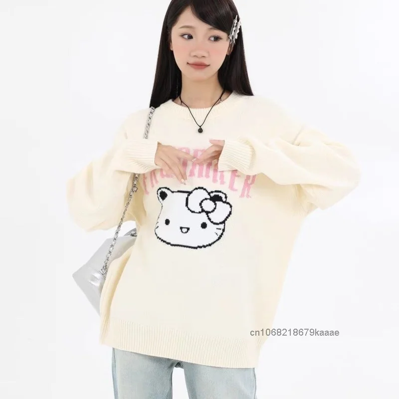 Sanrio Hello Kitty Spring Autumn New Cartoon Sweater Female Academy Style Versatile Loose Clothes Cute Sweet Y2k Girl Trendy Top