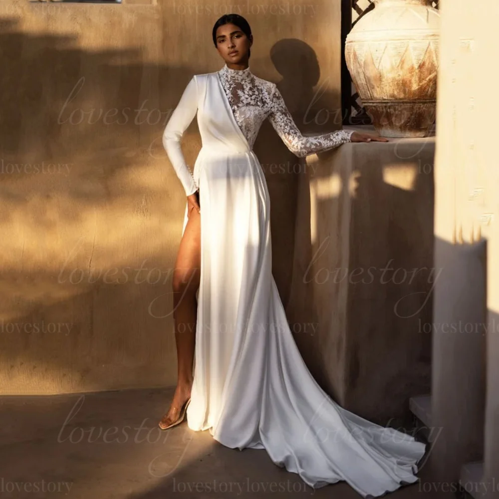 فساتين زفاف كلاسيكية مخصصة على شكل حرف A ورقبة عالية مزينة بفتحة فساتين زفاف بأكمام طويلة وزر أنيق من Vestidos De Noiva