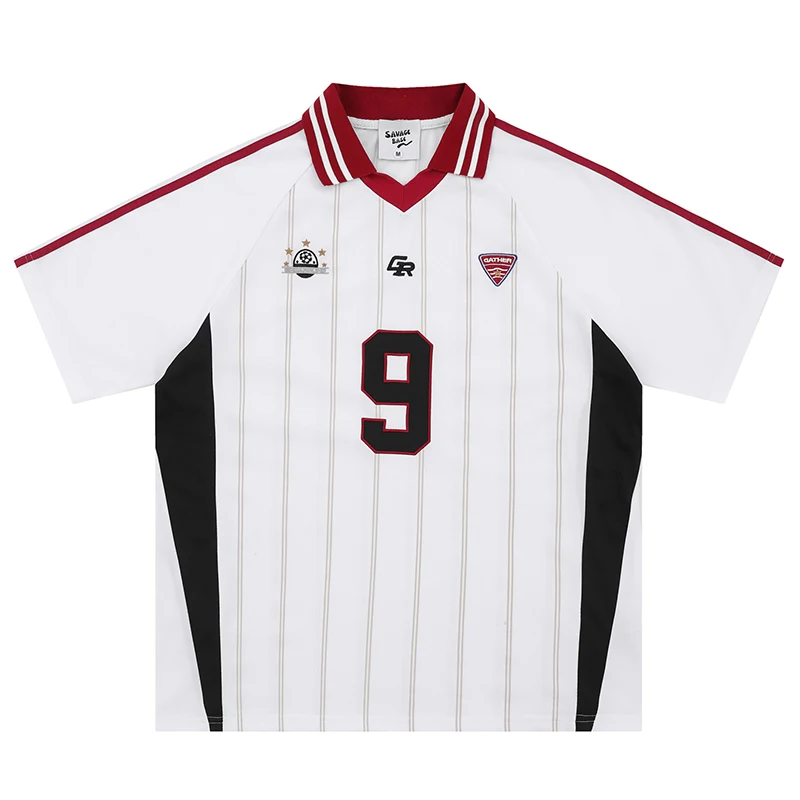 

Summer Men Retro Soccer Jersey Vintage Pinstripe Football Shirt Classic Polo Collar Sportswear Short Sleeve Training Top Uniform