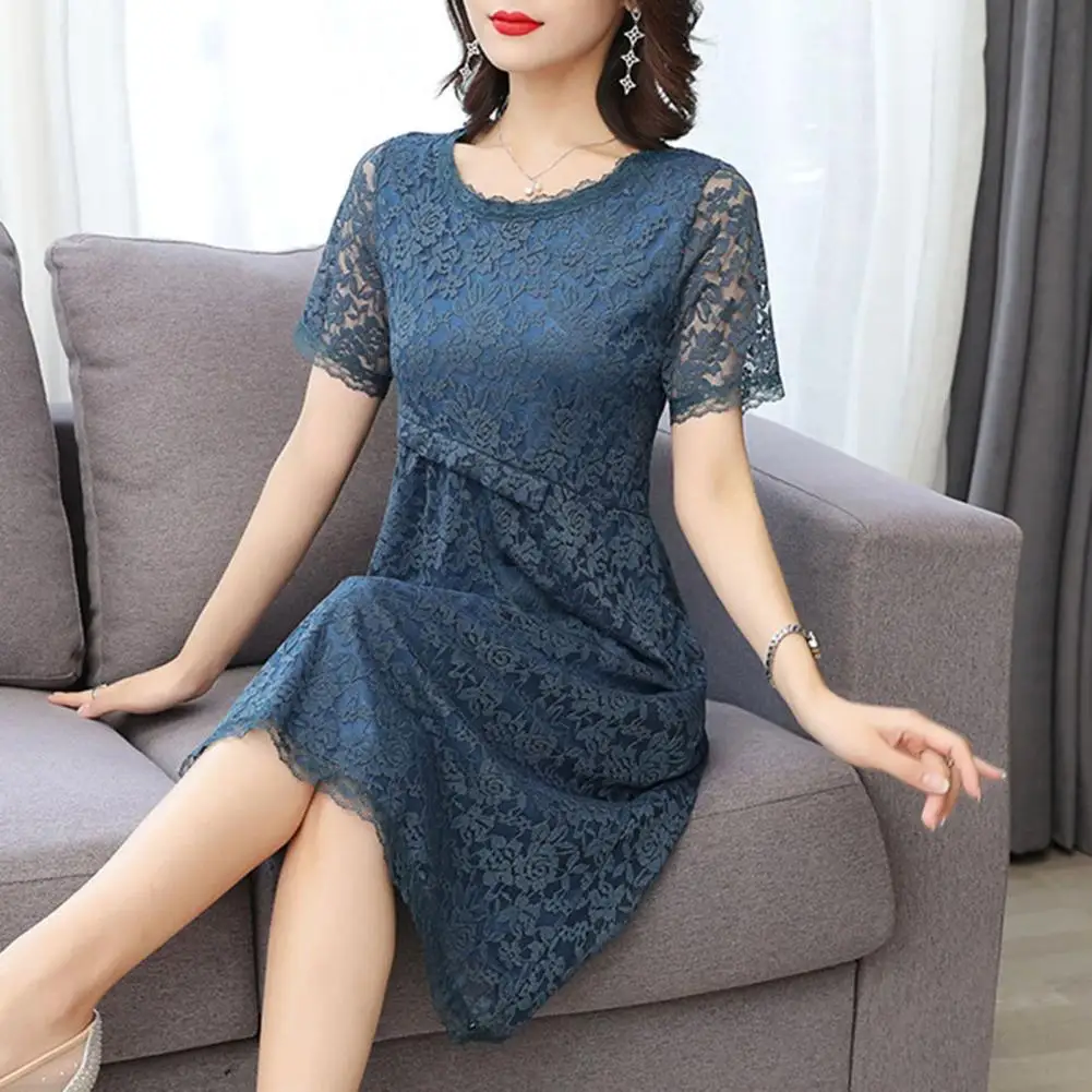 Women Dress Hollow Out Lace Flower Embroidery Lady Dress A-line Double Layers Short Sleeve Lady Midi Dress