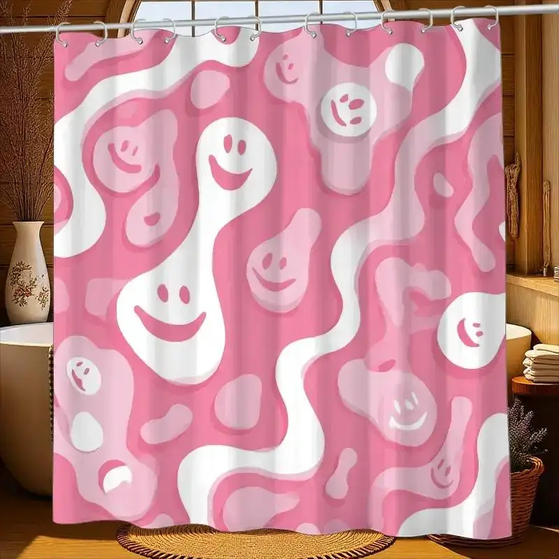 Pink  Face Shower Curtain - Groovy Liquid Pattern, Retro Happy Face Print, Waterproof Bathroom Decor, Abstract Bath Curtain