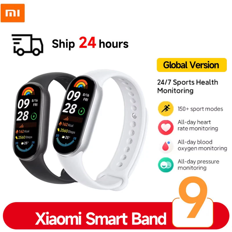الإصدار العالمي من Xiaomi Smart Band 9 شاشة AMOLED مقاس 1.62 بوصة عمر بطارية 21 يومًا 150+ أوضاع رياضية لمراقبة النوم Xiaomi Band 9 جديد