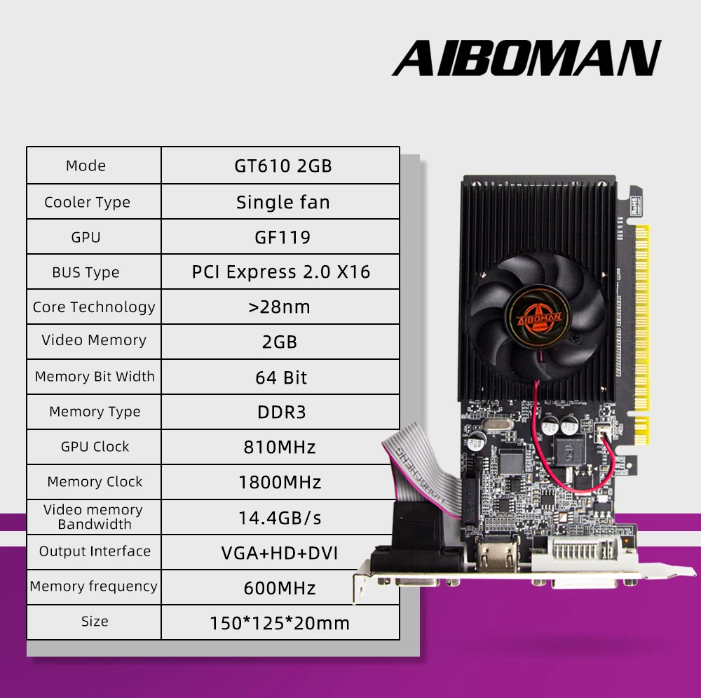 AIBOMAN GT610 1G/2G DDR3 بطاقة الفيديو NVIDIA GeForce GT 610 بطاقة الرسومات PCIE X16 2.0 HD DVI VGA 1800MHz 64Bit GPU الكمبيوتر