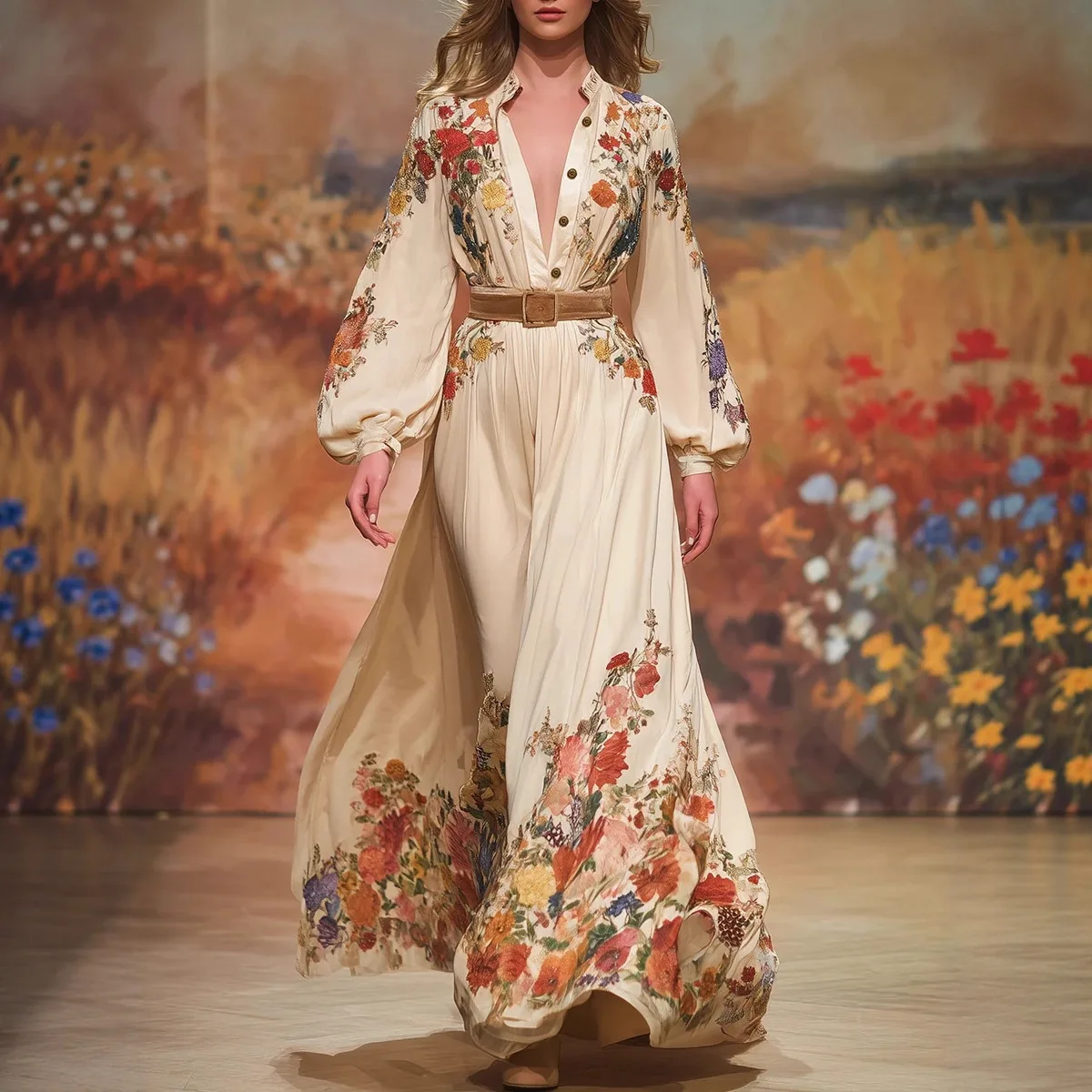 

Пляжное цельное платье с длинным рукавом, V-образным вырезом, принтом в стиле бохо, туника для женщин, летний кафтан 2026 с эффектом похудения, восточное платье-роба для пляжа