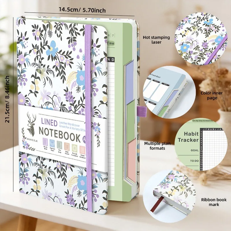 A5 Notebook with Cut Edge & Elastic Band 4-in-1 Inner Pages Blank Dot Grid Hand Journal Notepad