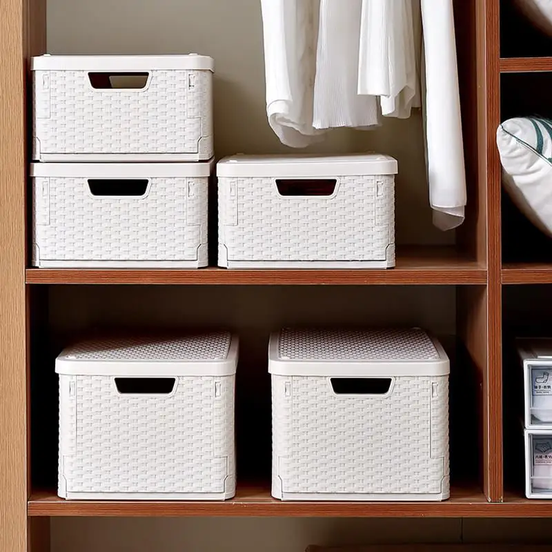 

Stackable Moisture Proof Dustproof Wicker Weave Clothing Storage Box Student Home Use Wardrobe Organizing Box Plastic Material