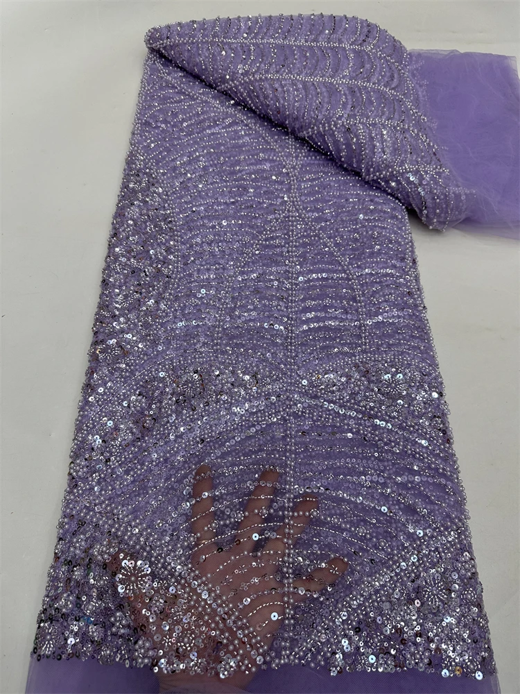 高級アフリカフレンチチュールレース生地 2025 高品質ビーズナイジェリアスパンコールレース生地ウェディングドレス縫製