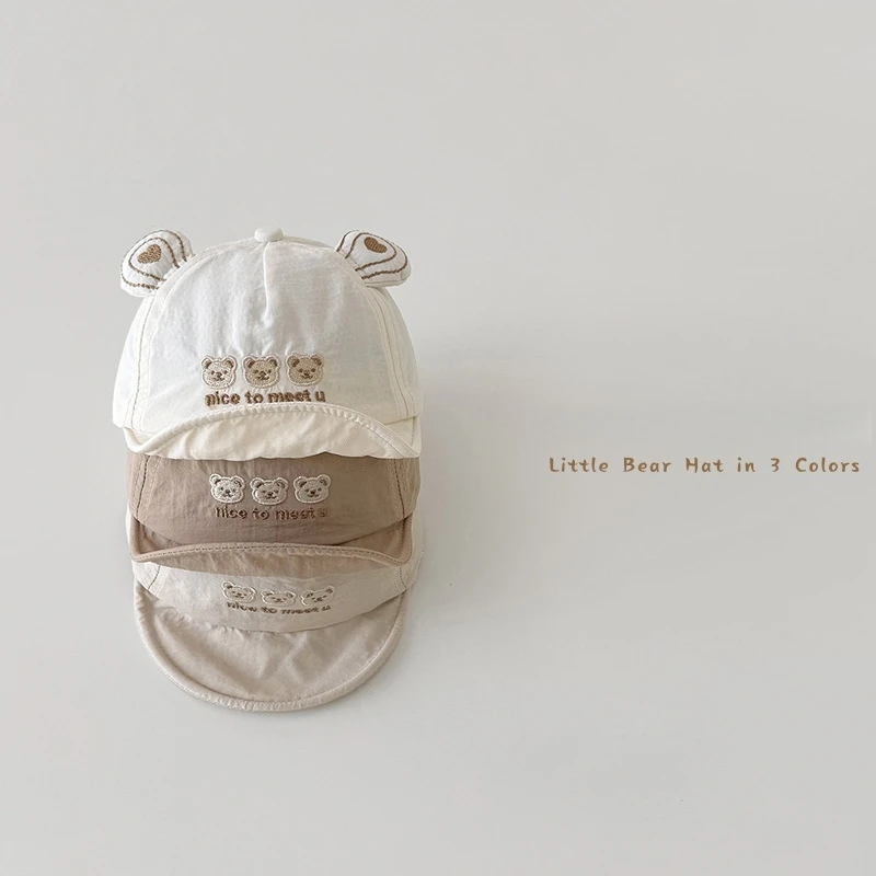 

Новая детская шапка для малышей 2-14 месяцев с вышивкой в виде медведя, 3D-ушками, быстросохнущая, с мягким козырьком и сетчатой подкладкой, бейсболка