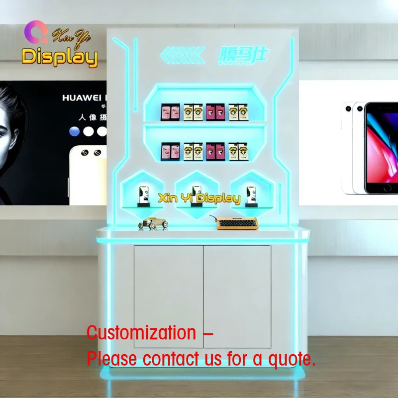 custom.Custom Luxury Modern Stainless Steel Mobile Phone Cabinet Stand LED Lighting Durable Recyclable Retail Displ