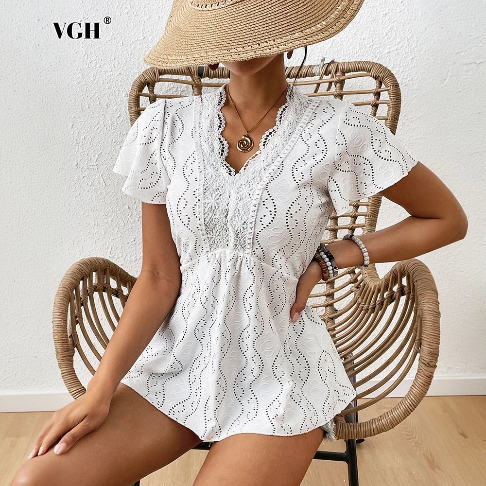 

VGH Hollow Out Lace Solid Slimming Sexy Blouses For Women V Neck Short Sleeve Spring Temperament Shirts Female Fashion Style New