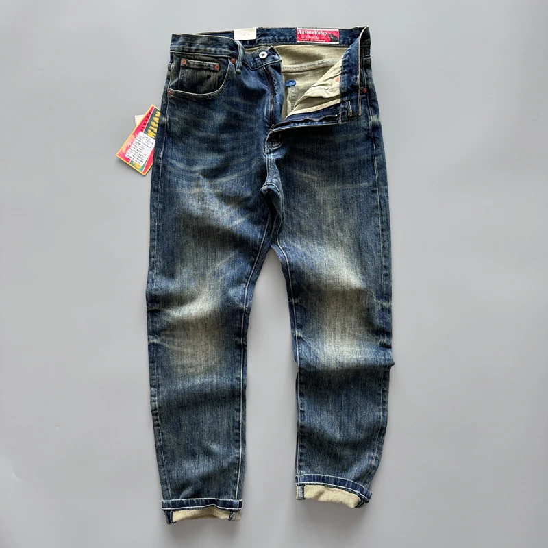 

Autumn Winter Thick 97% Cotton Spandex Stretch Denim Jeans for Men American Vintage Distressed Washed Slim Tapered Pants