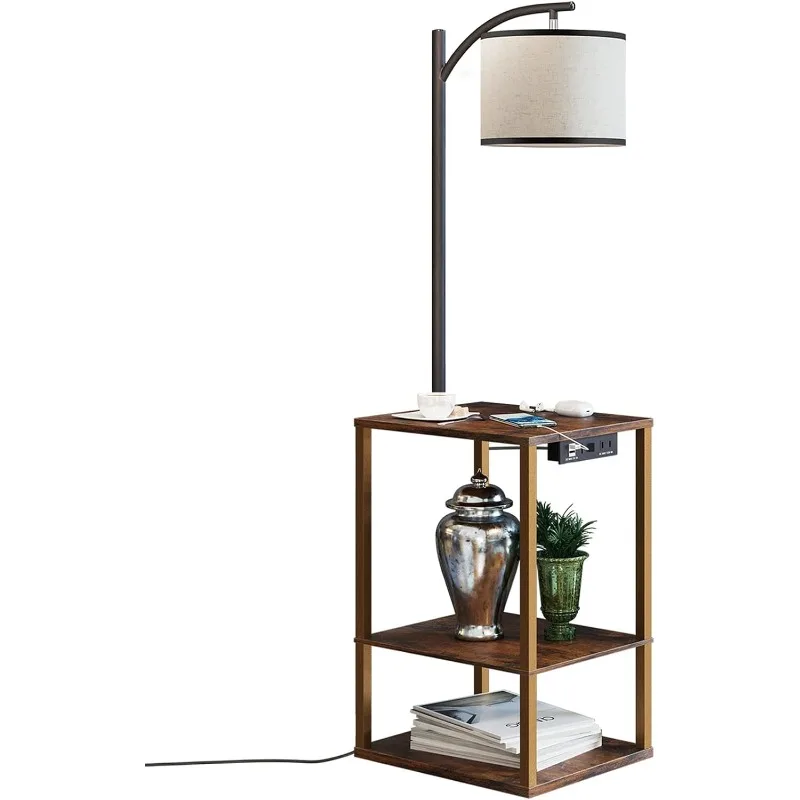 Rustic End Table Lamp with Table, Shelves, Charging Station(USB & AC Port) 3-Color Temperature LED Bulb