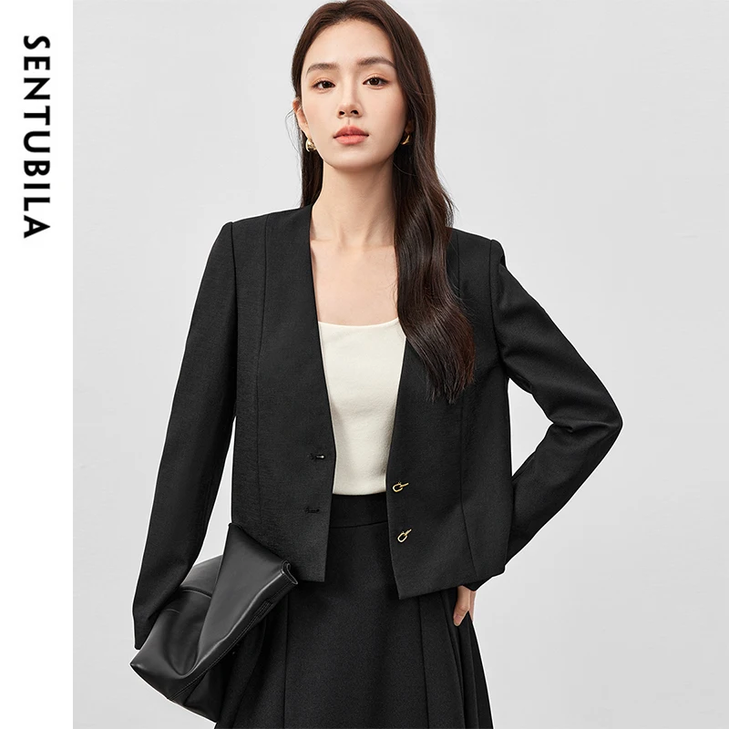 SENTUBILA Cropped Tailored Coat Womens Straight Texture V Neck Long Sleeve Single Breasted Formal Jackets Coats 151X58226