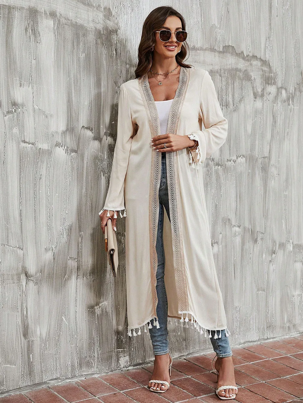 Hot Selling New Solid Color Tassel Design Long Cover Up Loose Fit Sun Protection Coat Casual Stylish Long Cardigan For Women