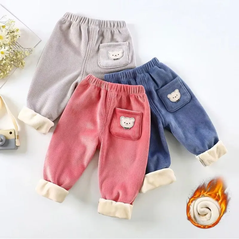 Autumn and Winter New Children's Cashmere Air Pocket Embroidered Corduroy Casual Warm Pants for Boys and Girls