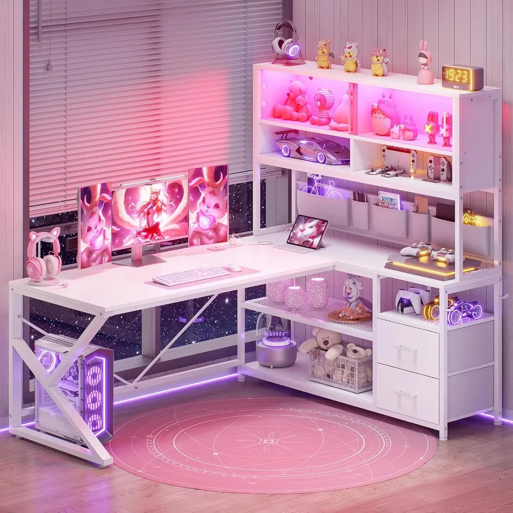 Meja gaming berbentuk L, meja komputer untuk kantor rumah dengan 2 laci dan rak buku, meja sudut gaming berbentuk L dengan lampu LED