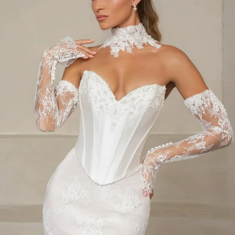 

Satin White Wedding Dresses off-shoulder The corset decal Lace decal detachable skirt Bridal Gowns multi-layer Made ﻿Customize