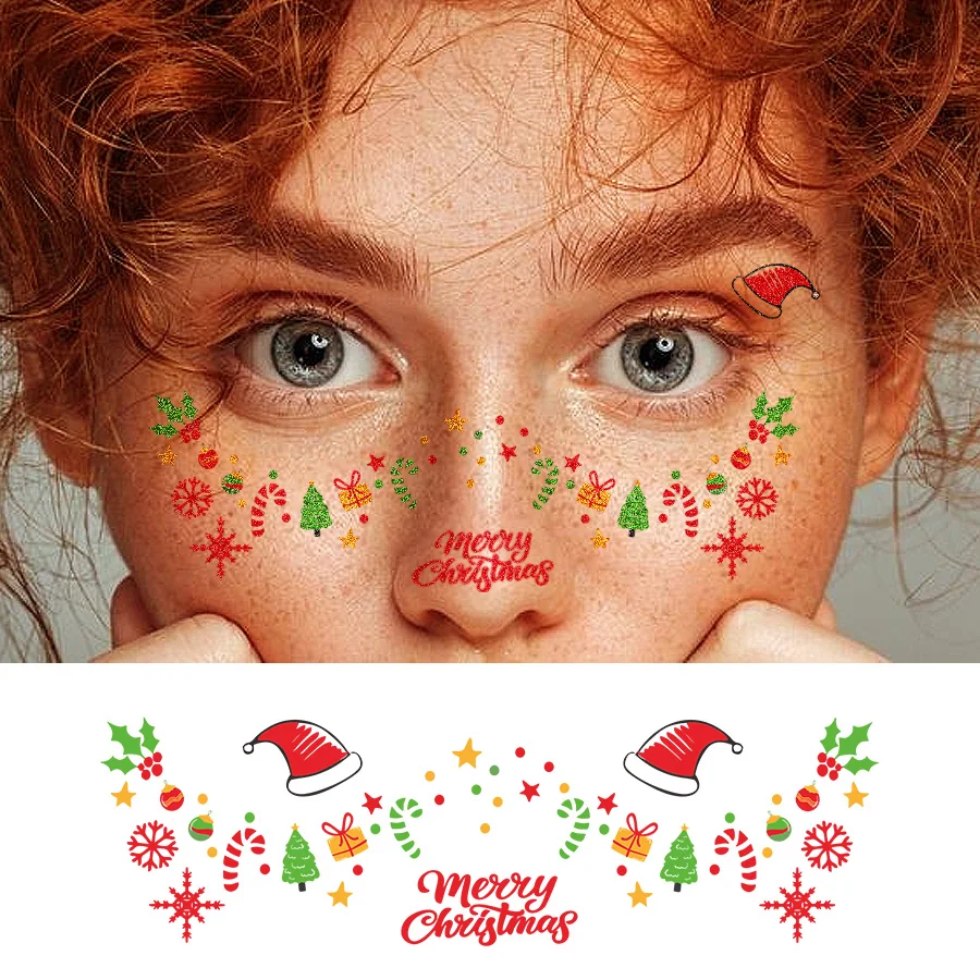 Christmas & Glitter Colorful Party Makeup Glitter Flashing Face and Finger Temporary Tattoo Stickers, Stars Santa Claus Snowflakes Bows Christmas Trees Snowmen Reindeer Cute Style Tattoos - Waterproof Temporary Tattoo Stickers Suitable for Women's Parties, Festivals, Role Playing