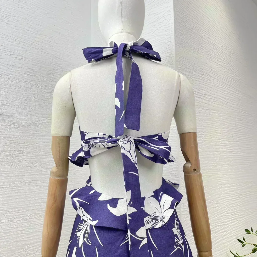 New Design 2024 Women Violet Purple Lily Flower Print High Quality Cotton Sleeveless Cut Out Ruffles Summer Halter Mini Dress