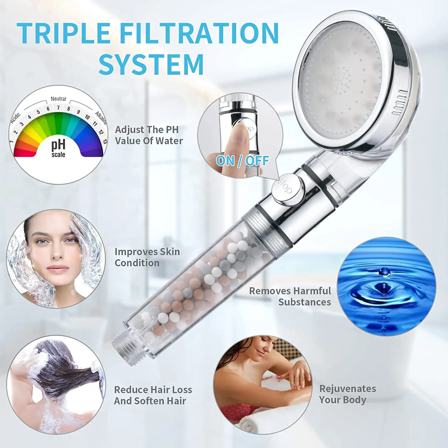 Bathroom LED Shower Head High Pressure Rainfall Hand Showers With Stop Button Cotton Anion Balls Filter Water Spa Showerhead